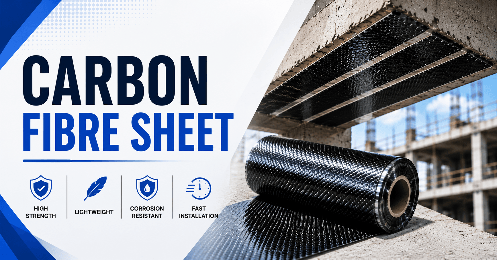 Carbon fibre sheet material used for structural strengthening in RCC beam at construction site