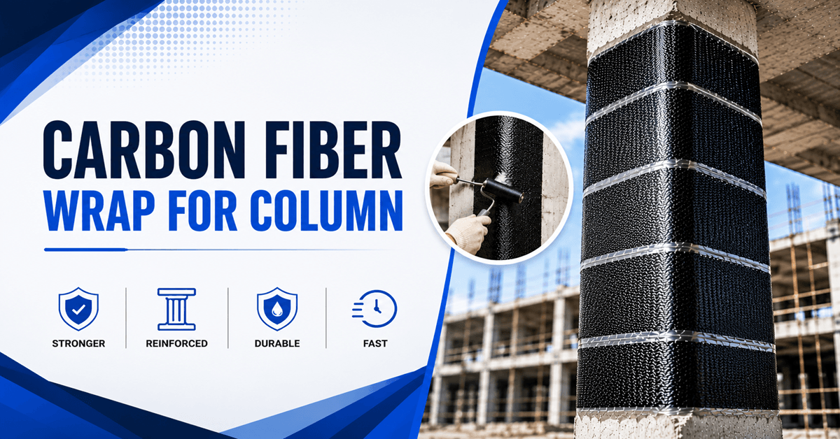Carbon fiber wrap for column strengthening in RCC structure showing CFRP wrapping installation on concrete column