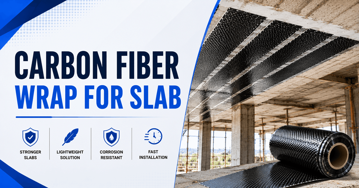 Carbon fiber wrap for slab application in RCC strengthening construction site showing CFRP sheet installation