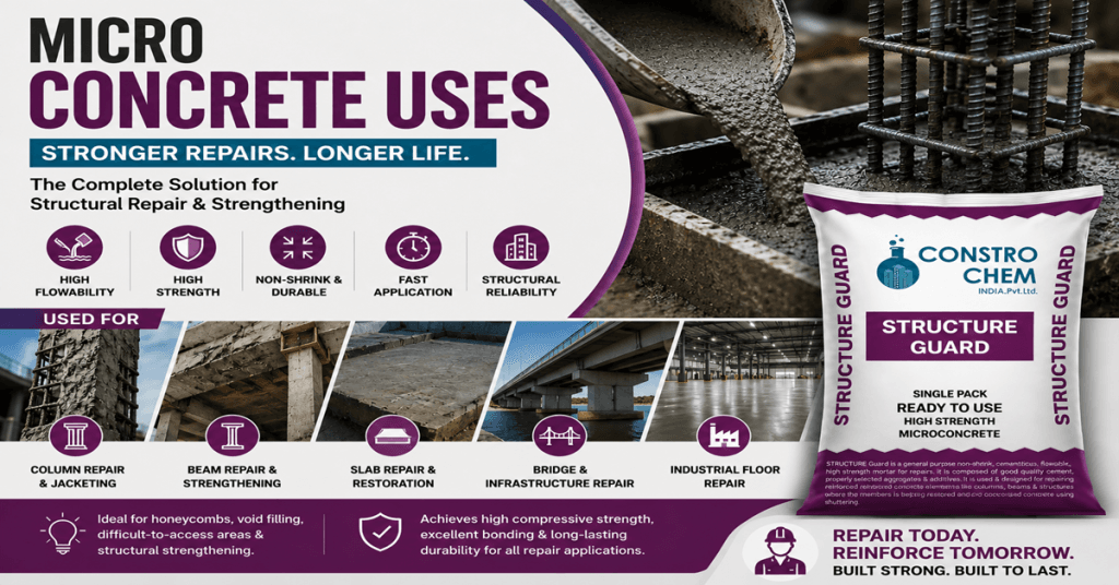 Micro concrete uses for structural repair showing Constro Chem Structure Guard high strength microconcrete for column, beam, slab and bridge repair applications