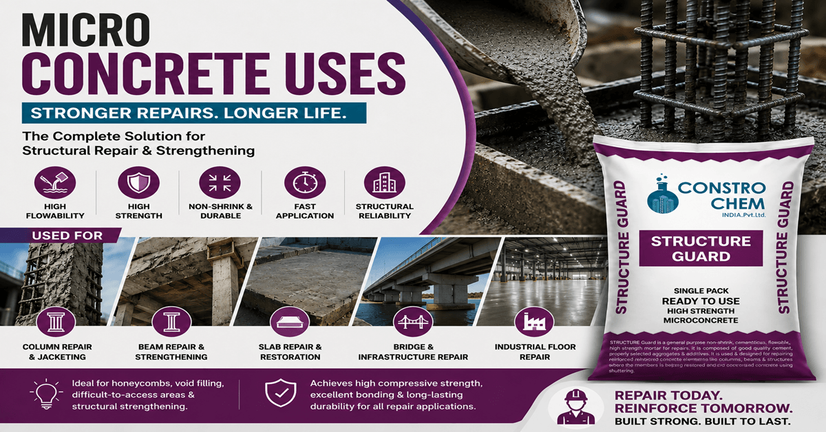 Micro concrete uses for structural repair showing Constro Chem Structure Guard high strength microconcrete for column, beam, slab and bridge repair applications