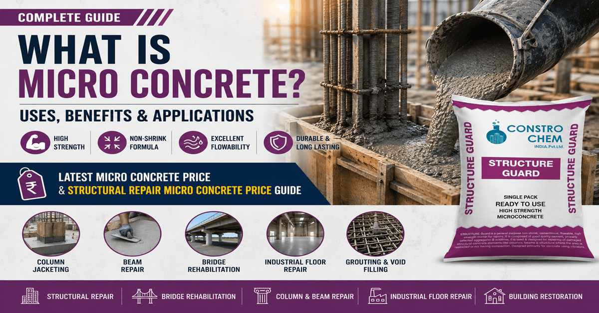 Micro concrete for structural repair showing pouring concrete, column reinforcement, and Constro Chem Structure Guard bag with uses, benefits, and applications